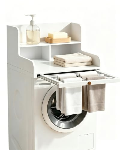 Walnuton Encimera Lavadora Madera con Tendedero Extensible, Estante De 2 Niveles Encimera Lavadora y Secador, Encimera Lavadora Organizador Baño Lavandería 60x60x35cm