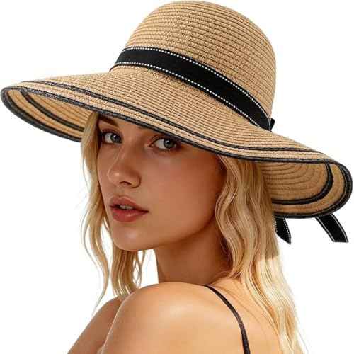 Cosblisvia Sonnenhut Damen Strohhut Damen Hut Mit 9.5-12 cm Krempe Für Frauen, Reisende, Gartenfans Für Strand, Urlaub, Garten, Alltag, Beige Mit Schwarzer Schleife