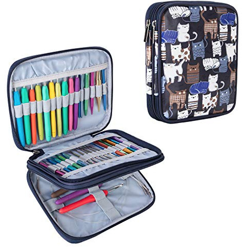 Teamoy Häkelnadeltasche Nähset bag für austauschbare Rundstricknadeln, Ergonomische Häkelhaken, Aluminium Häkelhaken, Strickzubehör und vieles mehr (L16.5 * W3.3 * H19cm, Cats Blue)