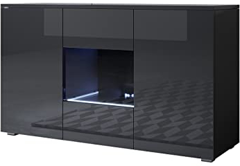 MB Muebles Bonitos | Sideboard | Wohzimmer Esszimmer Schrank Möbel | Breite 120 x Höhe 72 x Tiefe 45 cm | Glänzendes Melamin | 3 Türen | Stehendes Modell mit 2cm Füßen | Schwarz | Modell Luke A2