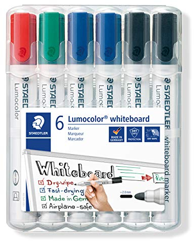 STAEDTLER Lumocolor 351 WP6 X Whiteboard-Marker (Rundspitze ca. 2 mm Linienbreite, Set mit 6 Markern, Hohe Qualität, trocken und rückstandsfrei abwischbar von Whiteboards)