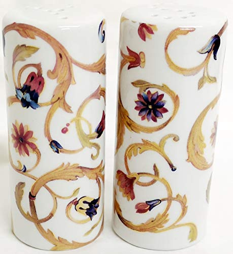 Floral Scroll Yellow & Mical Gold Salt & Pepper Ceramic Baroque Damask Round Salt & Pepper Cruet Set Hand Decorated UK