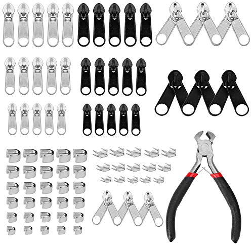 Reißverschluss Reparatur Set 85Pcs Metall Reißverschluss Ersatz Schieber Kit mit Reißverschluss Installieren Sie Zangen für Taschen Jacken Zelte Gepäck Schlafsack Silber und Schwarz