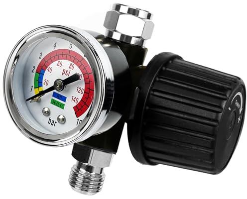 LE LEMATEC Régulateur d’Air pour Pistolet HVLP avec Jauge – Vanne de Contrôle 1/4 NPT jusqu’à 140 PSI pour Compresseur, Tuyaux et Outils Pneumatiques