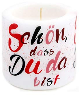 Serviettenshop Vela redonda rojo negro alemán Schön dass Du da bist š Cumpleaños, comienzo escolar, comunión, confirmación, bautizo ø 8 cm de altura 7,5 cm