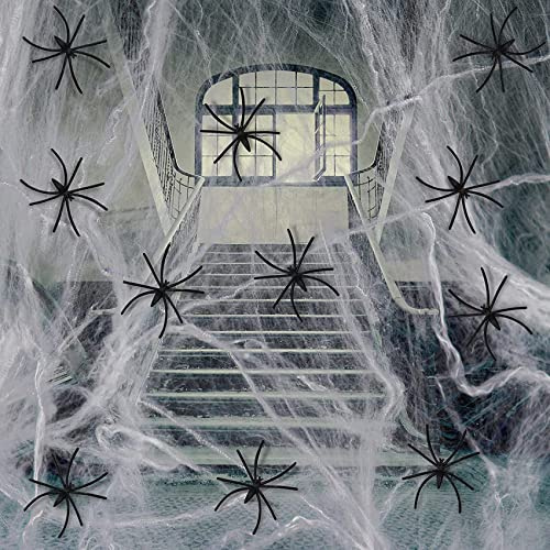 HKVENTOR Toile d'araignées, Halloween Décoration, 300g Toile Araignée Extensibles Coton et 60 Fausses Araignées Deco Intérieur et Extérieur pour Halloween Fête Jardin Bar Thème de l'horreur Nuit