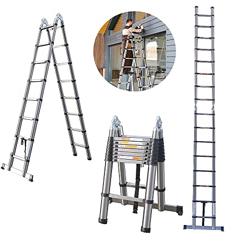 Teleskopleiter 5M, Klappleiter aus Edelstahl, A-Frame Loft Leiter Ausziehbare Anlegeleiter, max. Belastung 150KG/330LBS, Multifunktionsleiter zum Dekorieren, Malen (2,5M + 2,5M)