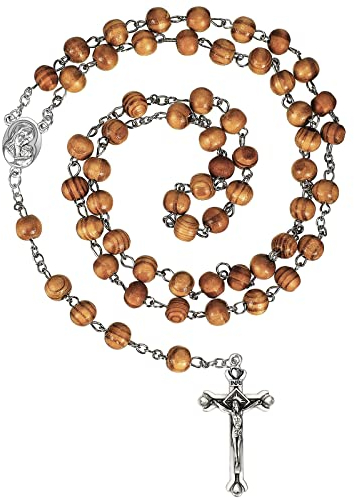 Hicarer Rosenkranz aus Holz Schmuck Taufe Rosenkranz Kugelkette Gebetskette Katholisch Kugelkette Hölzerne Rosenkranz Kette Holz Kruzifix Medaille für Herren Damen Christliche Gebetskette
