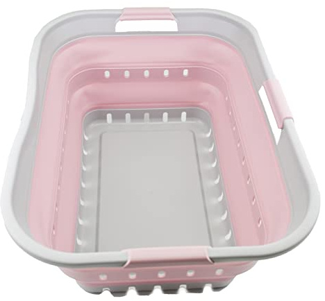 SAMMART 42L (11 gallon) Collapsible Plastic Laundry Basket - Foldable Pop Up Storage Container/Organizer - Portable Washing Tub - Space Saving Hamper/Basket (Grey/Pale Pink)