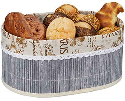 Relaxdays Panera, Diseño París, Bambú, Cubierta Tela Extraíble, Medidas: 16 x 34 x 24cm, Cesta de Desayuno Ovalada, Gris