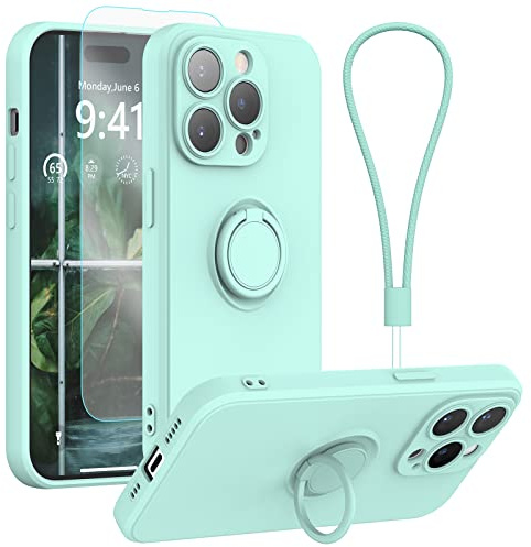 pcgaga Silicone Phone Case for iPhone 14 Pro Max with Screen Protector [Ring Holder Stand] [Wrist Strap] [Microfiber Lining] Slim Shockproof Protective Cover, 6.7 Inch, Mint Green