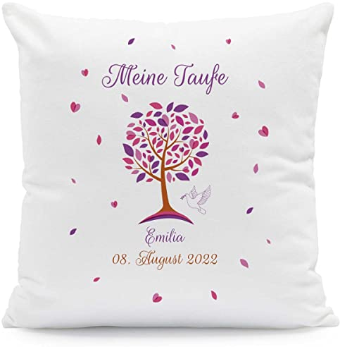 GRAVURZEILE Cojín con diseño de árbol de la vida – Regalo para bautizo – Personalizado con nombre y fecha – Regalo para bebé para niños y niñas – Tamaño con relleno, color rosa