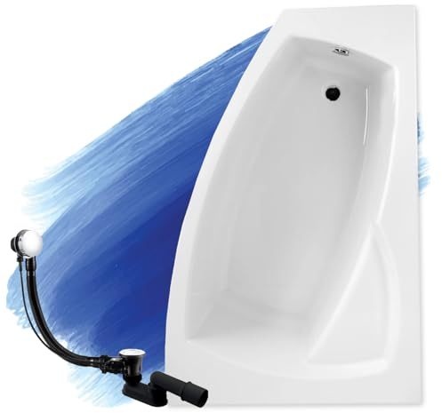 BADLAND Badewanne Original Weiß Acryl Wanne Eckbadewanne FRIDA 160x105 Rechts KOMPLETTSET SET + Füßen und Exklusive Chrom Automatik Ablaufgarnitur Made in EU 3in1