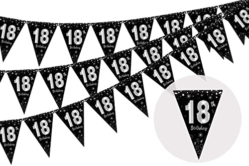 Cheereveal 3 Pack 18th Happy Birthday Bunting Banner, 36 Stück Dreieck Flaggen Schwarz und Silber, Glitzer Wimpel Banner, 18 Geburtstag Dekorationen für Jungen Mädchen, Jubiläum Party Supplies