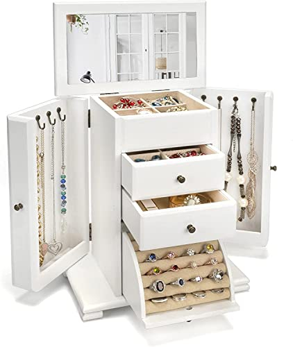 Emfogoo Schmuckkästchen, Schmuckaufbewahrung, Rustikales Holz Groß Schmuckkasten Organizers mit Spiegel, 4 Ebenen Schmuckbox für Ringe, Ohrringe, Halsketten, Armbänder (Verwittertes Weiß)