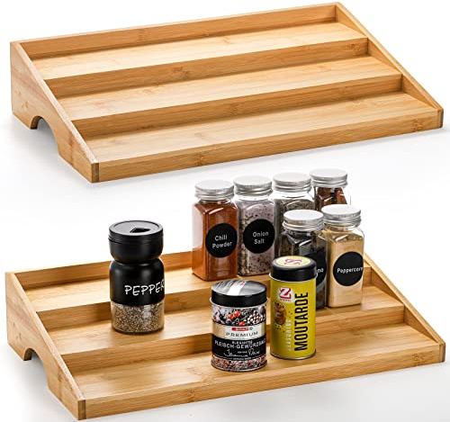 Hacaroa 2 Pack Bamboo Spice Rack for Cabinet, 3 Tier Ladder Seasoning Organizer Pantry Step Shelf, Compact Storage Caddy for Spice Jars, Cans, Kitchen Countertop, Cupboard, Space Saver