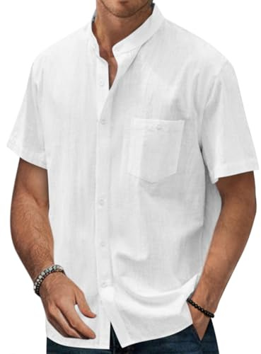 Onsoyours Chemise Homme Manche Courte Col Mao Chemise Été Homme Leger en Coton Chemise De Plage Classique Casual Regular Fit Henley Shirt
