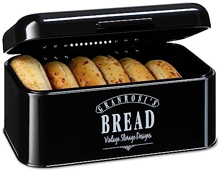 Granrosi Brotkasten - Retro-Brotbox mit Scharnierdeckel -platzsparende Aufbewahrungsbox für längeres und frischeres Essen - Brottopf - Brotaufbewahrung - Schwarz