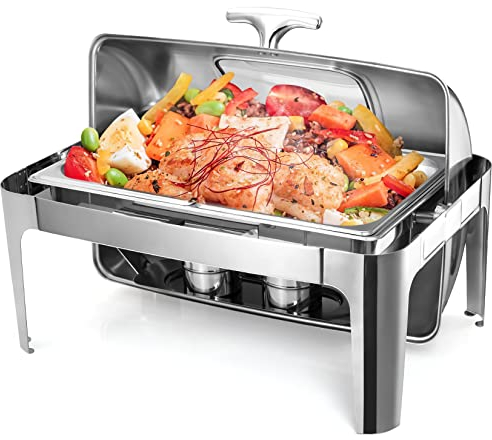 Roll Top Chafing Dish Buffet Set, 9 Quart 1/2 Size Pan Chafer, Rectangle Stainless Steel Set, for Wedding, Parties, Banquet, Catering Event, 1 Pack