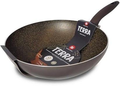 ILLA IDEAL Padella Wok Terra adatta per induzione con rivestimento olio di oliva 28 CM alluminio antiaderenza,super antiaderenza,made in italy