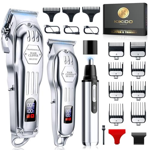 KIKIDO Hair Clippers for Men, Professional Cordless Hair Trimmers Set, Rechargeable Nose Hair Beard Trimmer, Hair Cutting Machine Haircut Grooming Kit (Sliver-3)