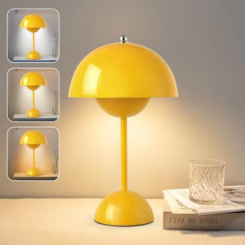 DASIAUTOEM Pilzlampen Tischlampe, LED Akku Tischlampe Kabellos, 3000k-6000k Moderne Aufladbar Touch Dimmbar Nachttischlampe mit 3 Helligkeitsmodi, Pilz Lampe für Hochzeit Schlafzimmer Wohnzimmer(Gelb)
