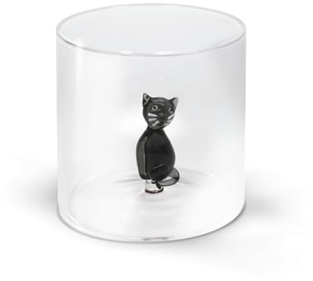 WD Lifestyle - Bicchiere in Vetro Borosilicato 250ml con Soggetto in Vetro Colorato Interno (Gatto)
