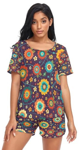HMZXZ Damen Schlafanzug-Set Bunt Blumen Blumen Sommer Pyjama Woman Set,Frühling Sommer Loungewear und Shorts Lounge Set Sleepwear Nachtwäsche