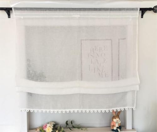 Vordesack Leinenoptik Raffrollo mit Floral-Kante Unifarbige Raffgardine mit Stangendurchzug Landhausstil Wohnzimmer halbtransparent Gardinenschal Küche Raffgardine 1 Stück Weiß HxB 140x140cm