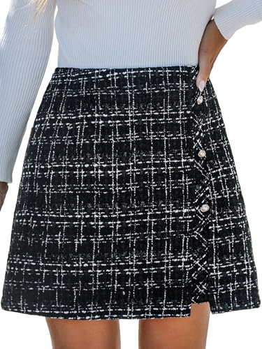 CUPSHE Damen Minirock Elegant Kariert Gewebt Kurzrock Plaid mit Seitenknöpfen Vielseitig Schick Damen Röcke, Schwarz, M