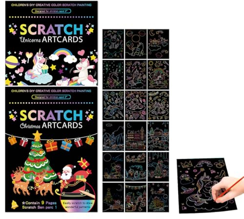 VONJUMA 18 Pcs Kratzbilder Set Diy Bastelsets Für Kinder Magic Rainbow Kratzpapier Weihnachten Und Einhorn Muster Kunstkartons Für Weihnachten Geburtstagsgeschenk Mit Kratzwerkzeuge Kit