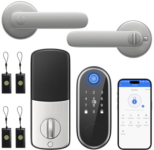 Keyless Entry Door Lock with 2 Lever Handles, Smart Locks for Front Door, Fingerprint Smart Deadbolt Lock,App Control, Electronic Keypad Deadbolt, Auto Lock,Satin Nickel