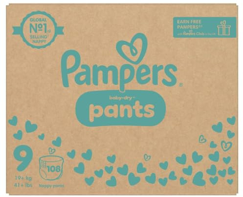 Pampers Baby-Dry Nappy Pants Size 9, 108 Nappies, 19kg+, Monthly Pack, 360° Fit to Help Prevent Gaps and Leaks