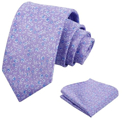 Alizeal Mens Small Floral Necktie with Hanky Set, Lilac+Blue+White