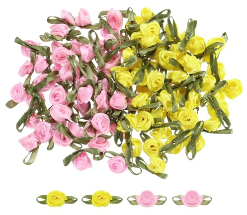 QUARKZMAN 100Pz Mini Rose Finte Giallo/Rosa 1.5x3cm Fiori Artificiali Mini Rose Nastro Finti per Decorazioni Cucito Applicazioni Lavoretti Piccoli Fiocchi in Raso Fiori