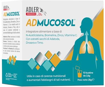 Adler Lab ADMUCOSOL Integratore, 10 bustine orosolubili con N-Acetilcisteina, Bromelina, Zinco, Vitamina C, Adatoda, Drosera e Timo. Supporto respiratorio, mucolitico e antiossidante.