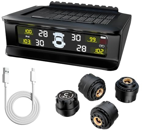 GH1200 Tire Pressure Monitoring System with 4 Sensors, Solar & USB-C Charging TPMS, 6 Safety Alarms, HD Display Tire Pressure Monitor with auto-Backlight, (0-87 Psi) Range, TPMS for Sedan & SUV