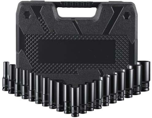 Pamatio Impact Socket Set 1/2 Inch, 20 pcs Deep Impact Socket Set 8mm - 32mm, Impact Sockets, CR-V, 6 Point, for Home Car Repair DIY Mechanic Tool