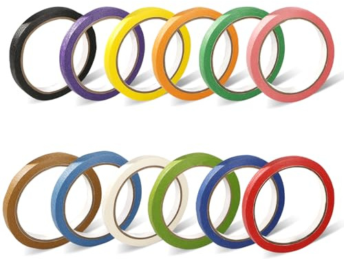 Bliceon Lot de 12 rouleaux de ruban de masquage coloré 10 mm x 20 m, adhésif amovible et sans résidus, pour bricolage, salle de classe, peintures murales d'enfants, bureau, scrapbooking