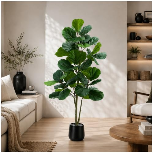 Artificial Fig Tree (1, Black, 5FT) | Kunstpflanze groß im schwarzen Topf mit Kieselsteinen | langlebige Pflanze für Indoor | Ficus Lyrata Künstlich Geigenfeige