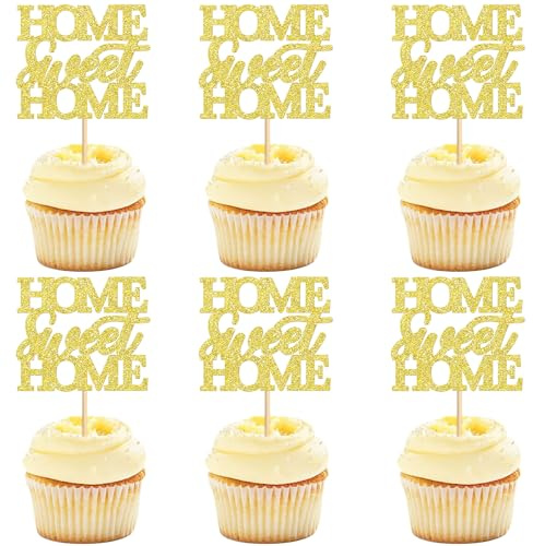 Blumomon 24Pcs Sweet Home Cupcake Toppers Housewarming Party Decorations New Home Theme Cake Picks Welcome Party Supplies for Bridal Shower, Birthday, Wedding(Gold)