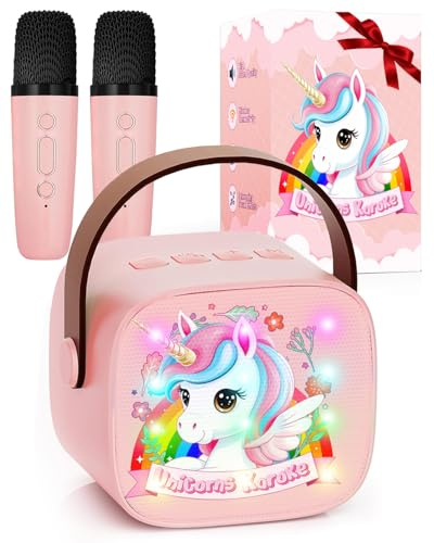 Einhorn Karaoke Maschine mit 2 Bluetooth Mikrofon Kinder, Einhorn Geschenke für Mädchen 3-13 Jahre, Tragbarer Karaoke Drahtlosen Mikrofon mit LED-Lichtern, Mädchen Geschenk Microphone