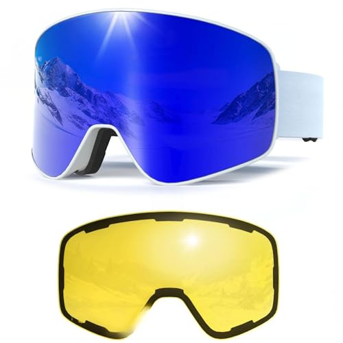 Skidglasögon för män och kvinnor, YH212 magnetiska snowboardglasögon anti-dimma OTG UV-skydd skidglasögon snöglasögon för skidåkning vintersport (vit ram – fullrevo blå VLT 19 % gula glas 78 %)
