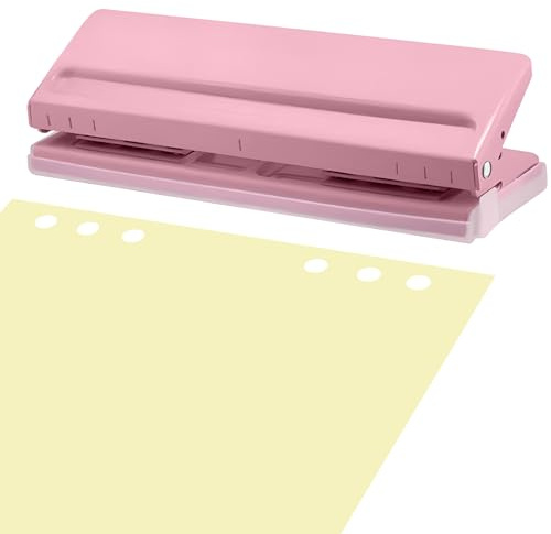 Verstellbarer 6-Loch Locher für Tagesplaner und Persönliche Agenda, Büro Binder Puncher Metall Locher mit Verstellbarem Abstand, Rostfreier Locher für Tagesplaner & Binder -Aufgewertet Rosa