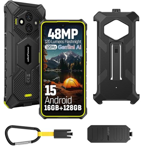 Ulefone RugKing 3 Pro Movil Resistente, Android 15 AI Smartphone 16GB+128GB/SD-2TB 5700mAh 6,56” 120Hz Teléfono, Octa-Core Cámara 48MP+8MP, 120LM Super Torch/3-Slots/IP68/IP69K/OTG/NFC/GPS Verde
