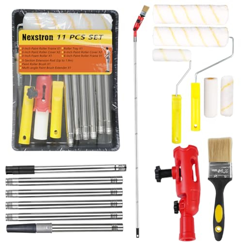 Paint Roller Set 11Pack, 6.6Ft Paint Roller Extension Pole 6 Segmented with Top Alloy Joints, Professional Paint Rollers Brush &Trays Sets with Multi-Angle Brush Extender for Walls, Edges, Ceilings