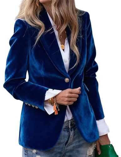 Blazer en velours pour femme - Veste décontractée à manches longues pour le travail, le bureau, Halloween, Noël, bleu marine, M
