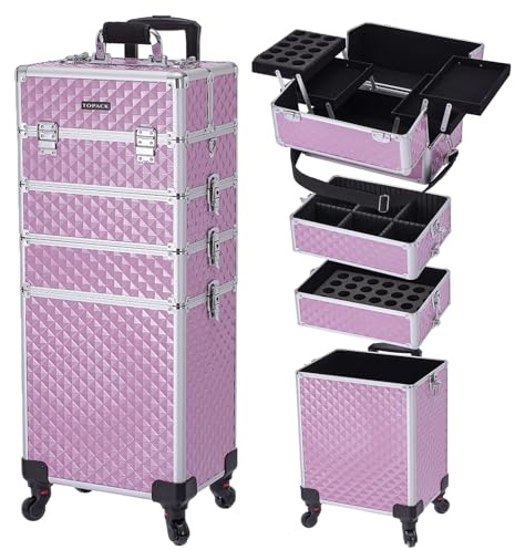 TOPACK Professional 5-In-1 Rolling Makeup Train Case, Large Makeup Travel Case with Key Shoulder Strap/Handle Cushion I Makeup Train Case Organizer I Cosmetology Case on Wheels I Pink