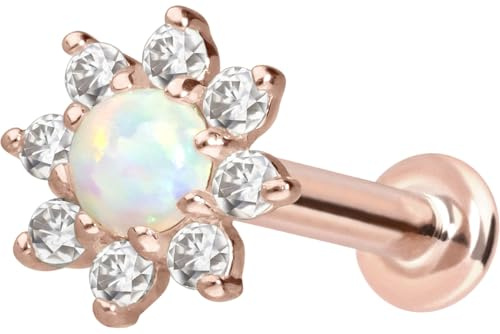 PIERCINGLINE 14 Karat Gold Ohr-Piercing Labret mit Innengewinde MOISSANIT-BLUME + synth OPAL Farb & Größenauswahl
