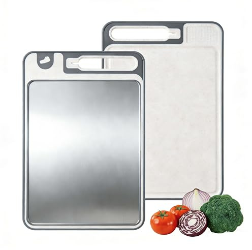 URMONA 304 Edelstahl & Weizenstroh Doppelseitiges Schneidebrett 37 × 25 cm | 304 Edelstahl und Weizenstroh, Küchenbrett mit Saftrille, rutschfeste Schneidematte, BPA-frei, geruchsarm und pflegeleicht